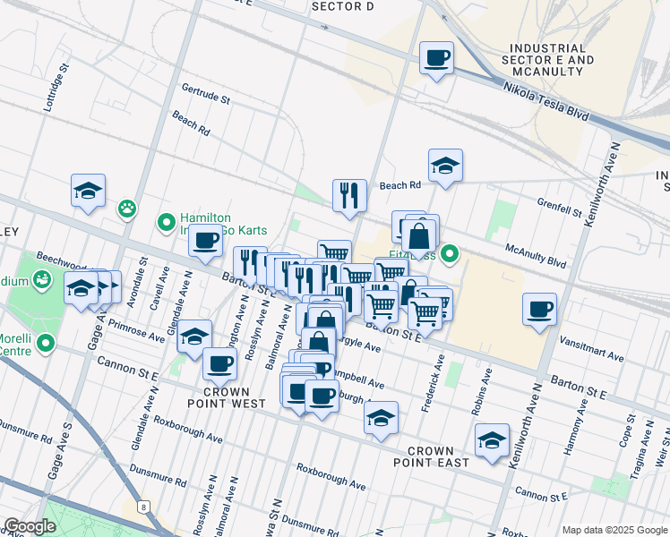 map of restaurants, bars, coffee shops, grocery stores, and more near 54 Craigmiller Avenue in Hamilton