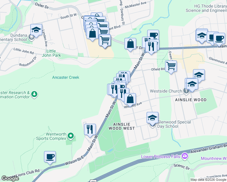 map of restaurants, bars, coffee shops, grocery stores, and more near 1830 Main Street West in Hamilton