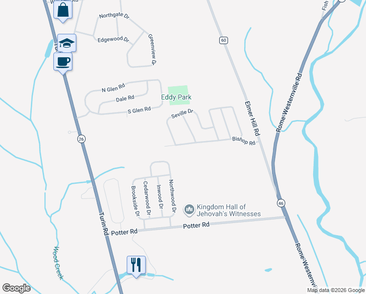 map of restaurants, bars, coffee shops, grocery stores, and more near 6604 Bishopp Road in Rome