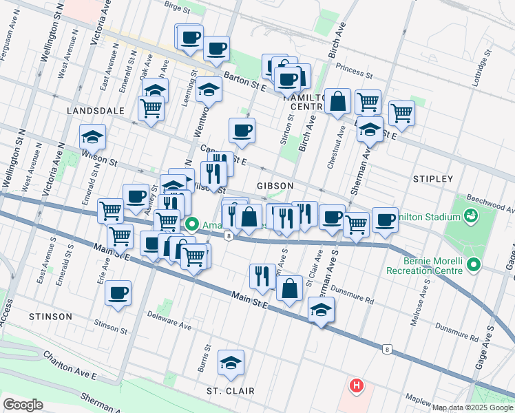 map of restaurants, bars, coffee shops, grocery stores, and more near in Hamilton
