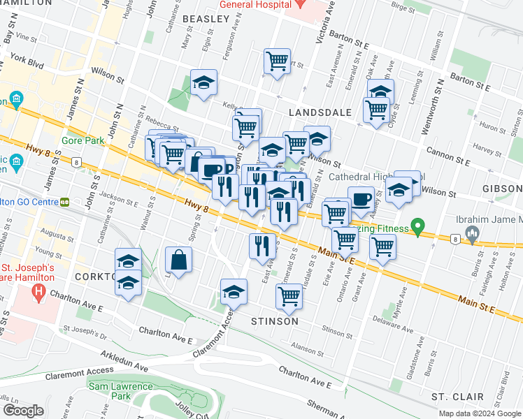 map of restaurants, bars, coffee shops, grocery stores, and more near in Hamilton