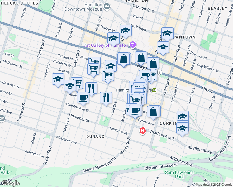 map of restaurants, bars, coffee shops, grocery stores, and more near in Hamilton
