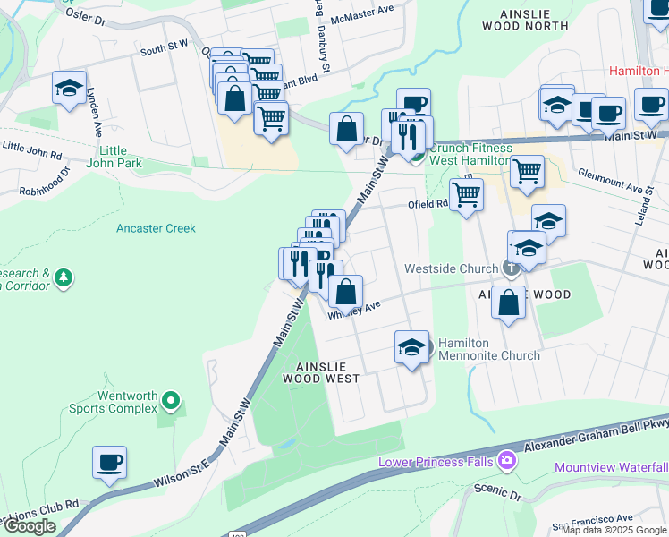 map of restaurants, bars, coffee shops, grocery stores, and more near in Hamilton