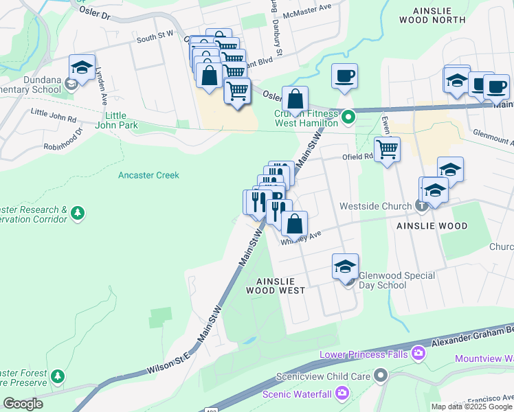 map of restaurants, bars, coffee shops, grocery stores, and more near 1838 Main Street West in Hamilton