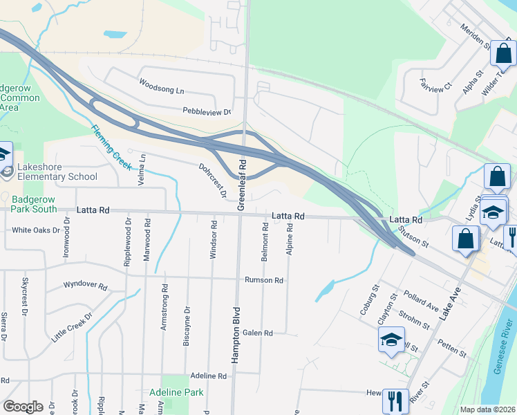 map of restaurants, bars, coffee shops, grocery stores, and more near 647 Latta Road in Rochester
