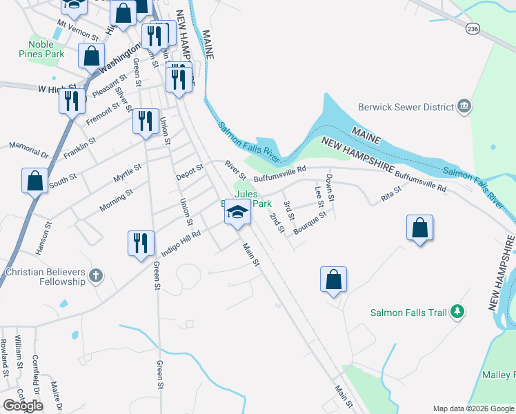 map of restaurants, bars, coffee shops, grocery stores, and more near 2 1st Street in Somersworth