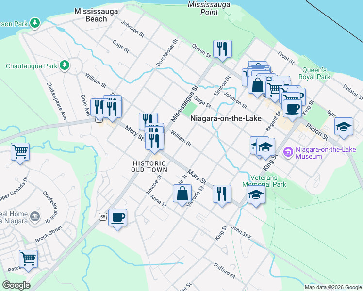 map of restaurants, bars, coffee shops, grocery stores, and more near Simcoe Street in Niagara-on-the-Lake