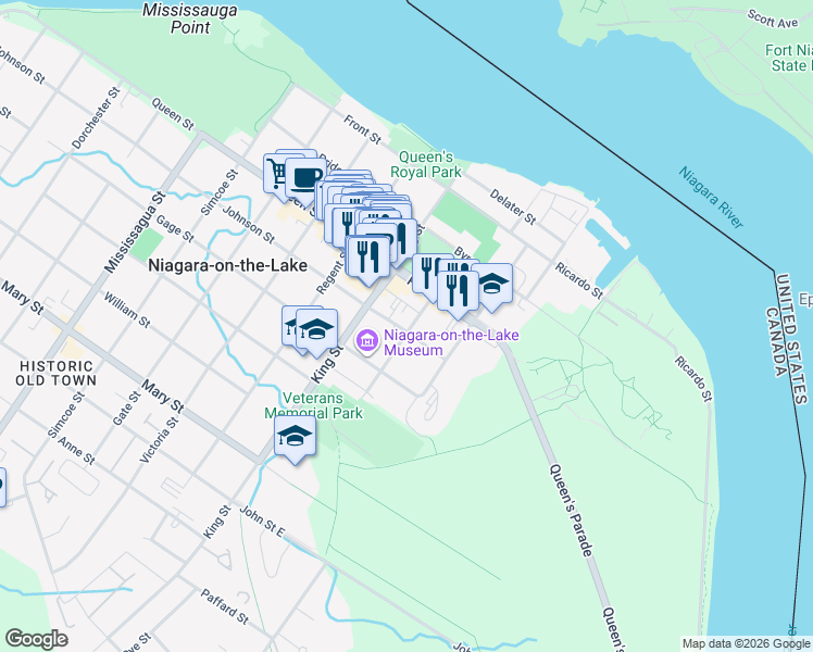 map of restaurants, bars, coffee shops, grocery stores, and more near 43 Platoff Street in Niagara-on-the-Lake