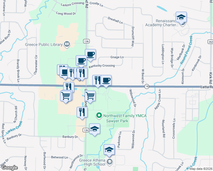 map of restaurants, bars, coffee shops, grocery stores, and more near 65 Greece Center Drive in Greece