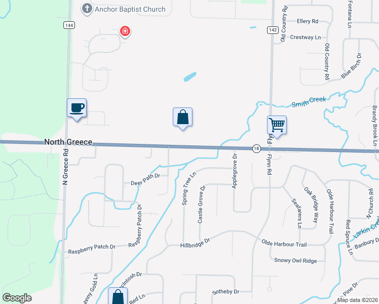 map of restaurants, bars, coffee shops, grocery stores, and more near 3447 Latta Road in Rochester