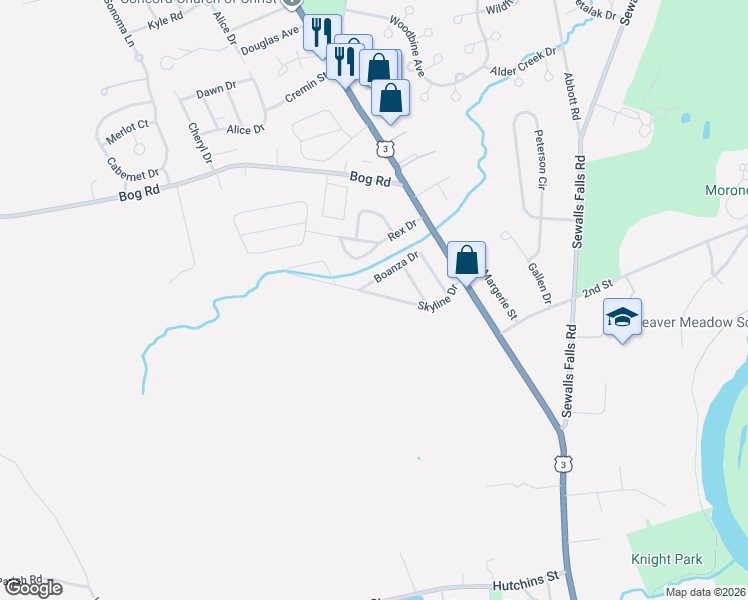map of restaurants, bars, coffee shops, grocery stores, and more near 35 Skyline Drive in Concord