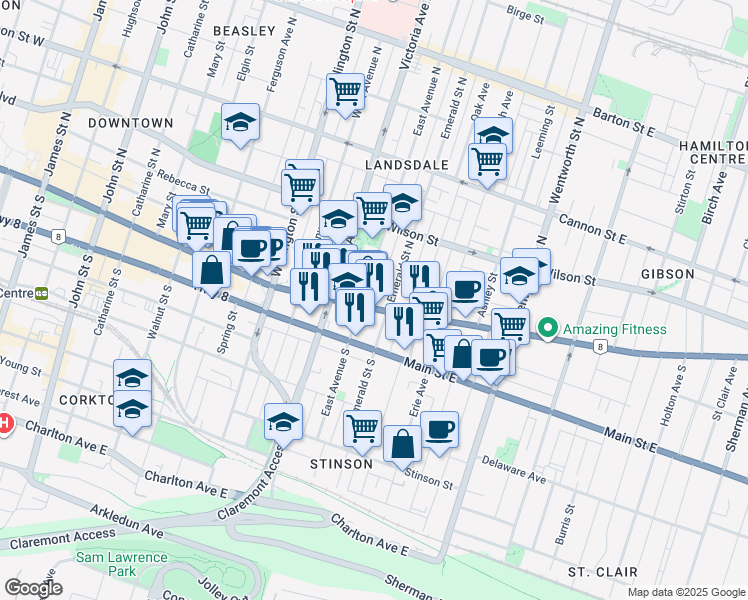 map of restaurants, bars, coffee shops, grocery stores, and more near in Hamilton