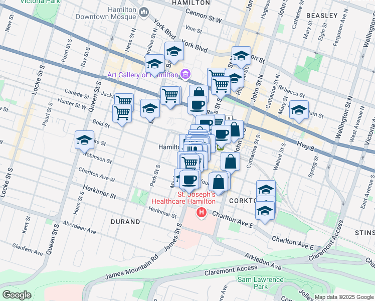 map of restaurants, bars, coffee shops, grocery stores, and more near in Hamilton