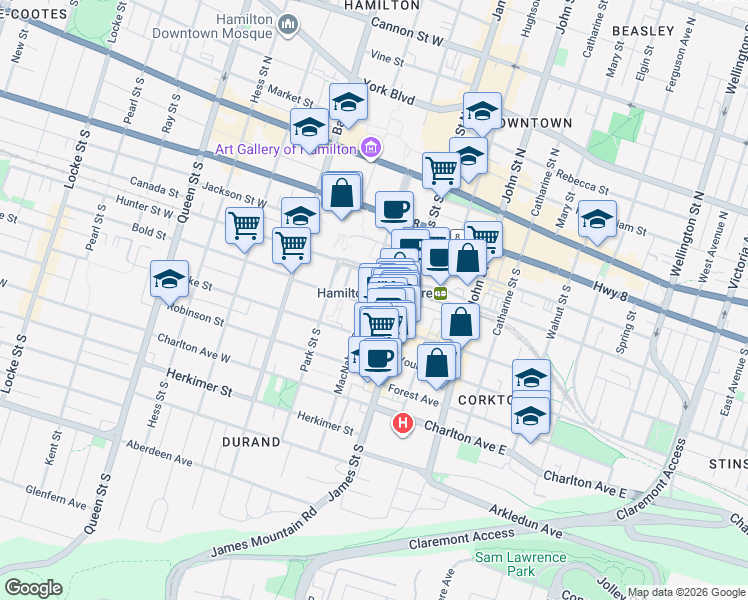 map of restaurants, bars, coffee shops, grocery stores, and more near 123 MacNab Street South in Hamilton