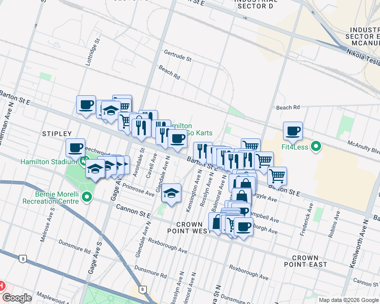 map of restaurants, bars, coffee shops, grocery stores, and more near 12 Lincoln Street in Hamilton