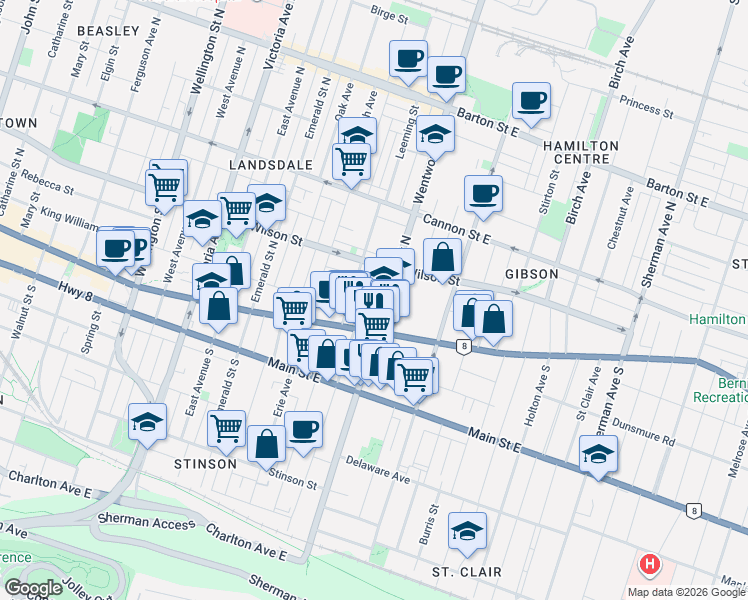 map of restaurants, bars, coffee shops, grocery stores, and more near 487 King William Street in Hamilton