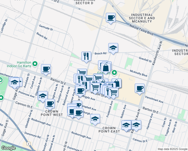 map of restaurants, bars, coffee shops, grocery stores, and more near 468 Ottawa Street North in Hamilton