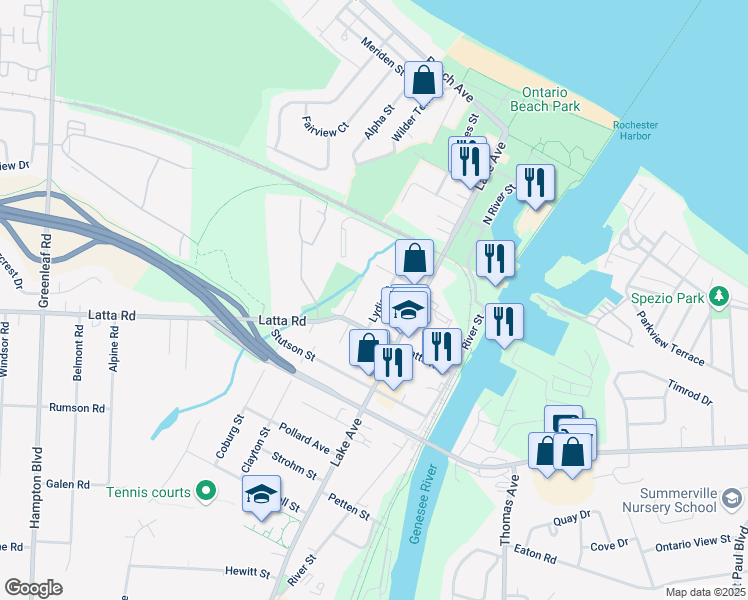 map of restaurants, bars, coffee shops, grocery stores, and more near 119 Lydia Street in Rochester