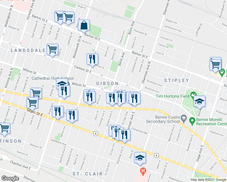 map of restaurants, bars, coffee shops, grocery stores, and more near 647 Wilson Street in Hamilton