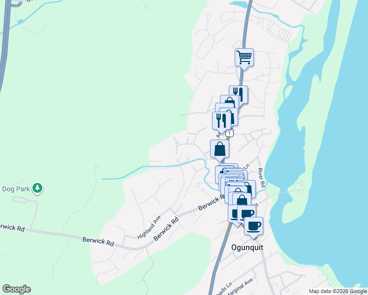 map of restaurants, bars, coffee shops, grocery stores, and more near 19 Valleybrook Road in Ogunquit