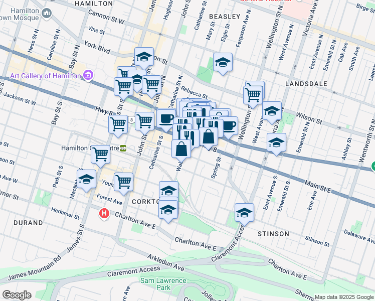 map of restaurants, bars, coffee shops, grocery stores, and more near 182 Jackson Street East in Hamilton