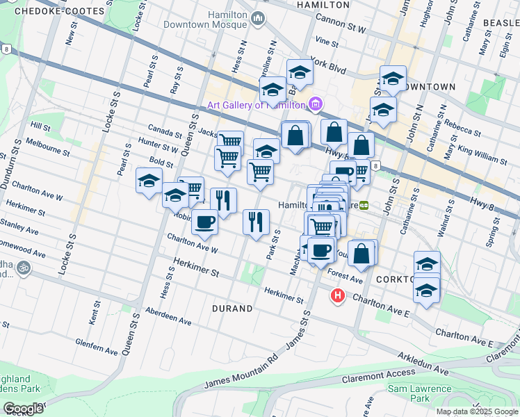 map of restaurants, bars, coffee shops, grocery stores, and more near 167 Bay Street South in Hamilton