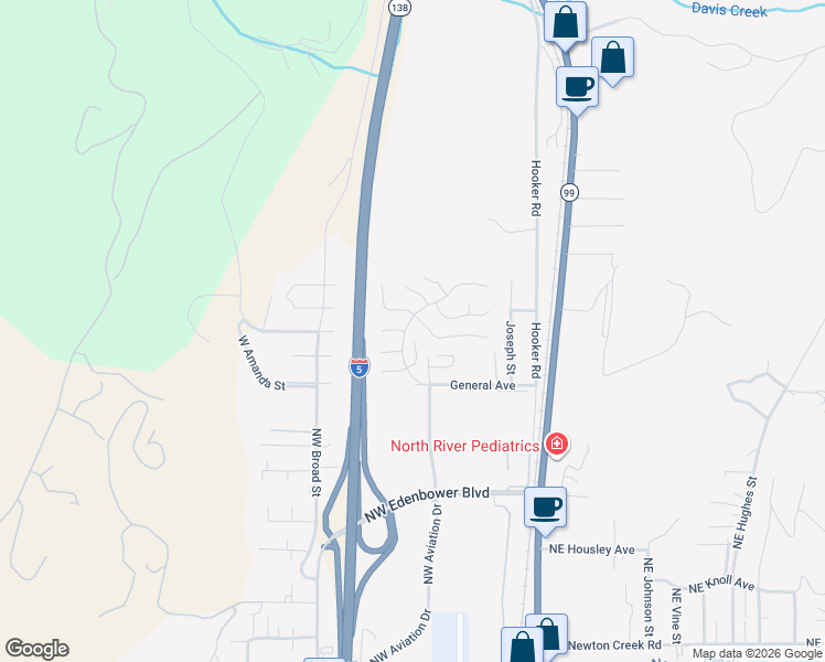 map of restaurants, bars, coffee shops, grocery stores, and more near 508 Shadow Ranch Lane in Roseburg