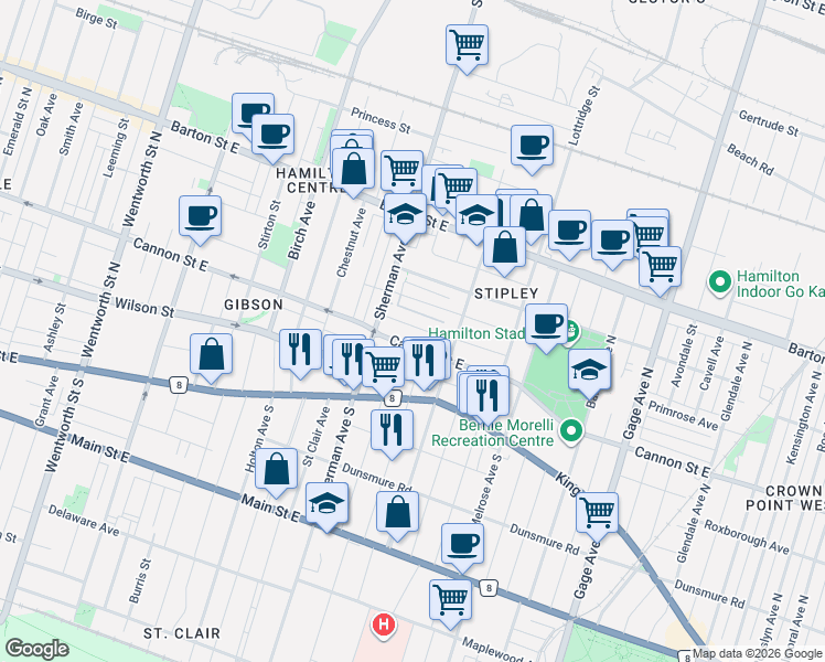 map of restaurants, bars, coffee shops, grocery stores, and more near 24 Somerset Avenue in Hamilton