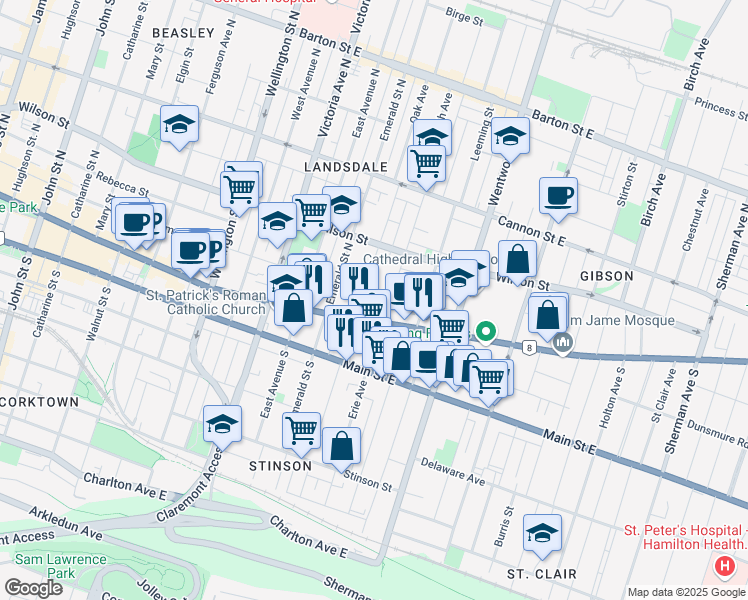 map of restaurants, bars, coffee shops, grocery stores, and more near 418 King William Street in Hamilton