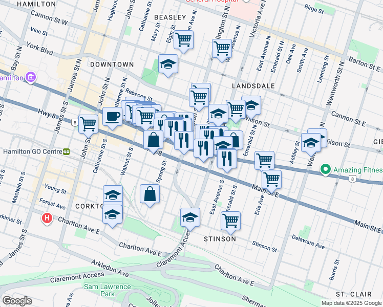 map of restaurants, bars, coffee shops, grocery stores, and more near in Hamilton