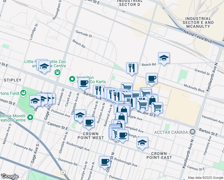 map of restaurants, bars, coffee shops, grocery stores, and more near 22 Cluny Avenue in Hamilton