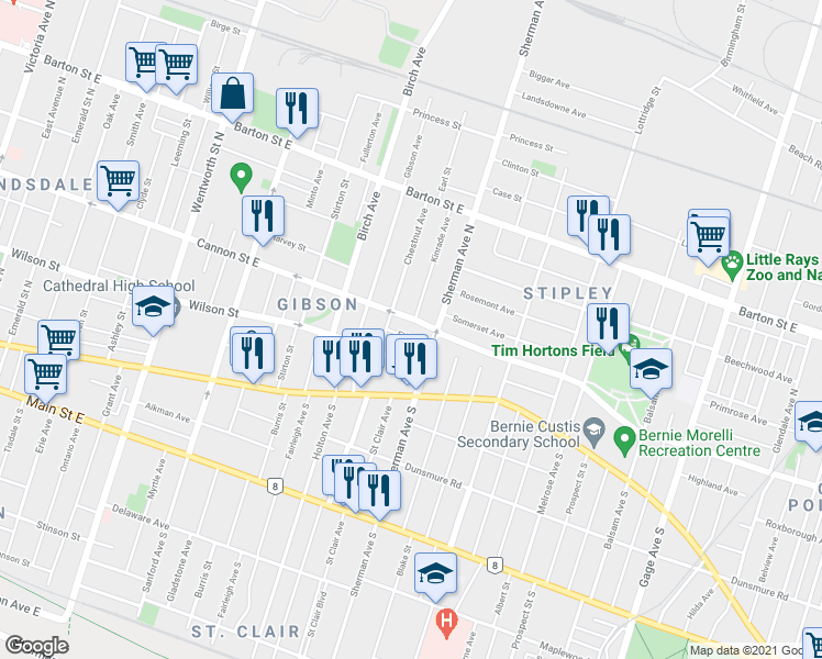 map of restaurants, bars, coffee shops, grocery stores, and more near in Hamilton