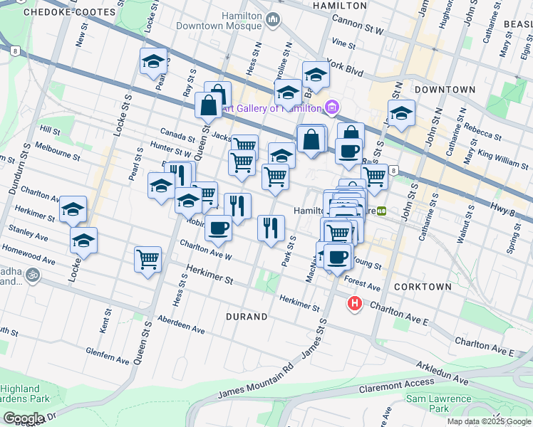 map of restaurants, bars, coffee shops, grocery stores, and more near in Hamilton