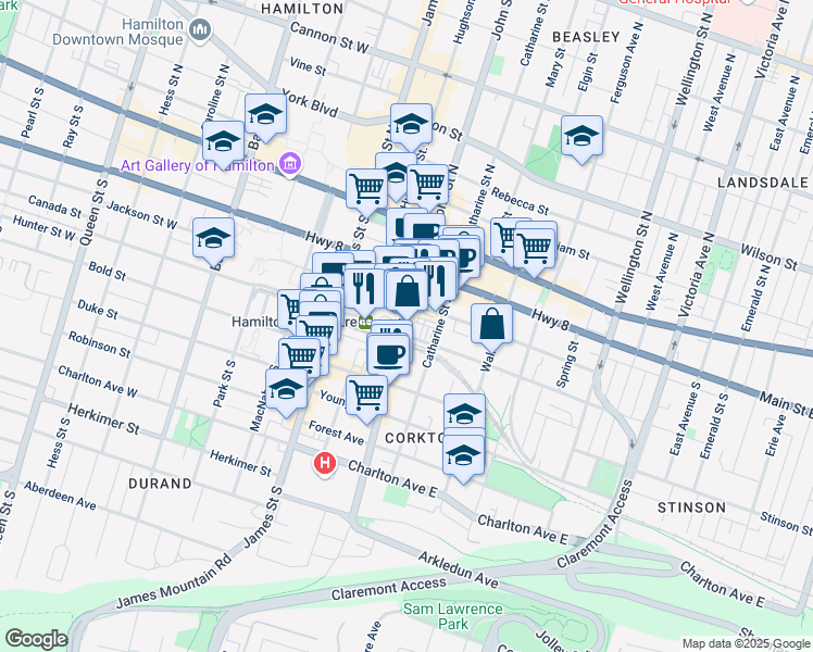 map of restaurants, bars, coffee shops, grocery stores, and more near 99 John Street South in Hamilton