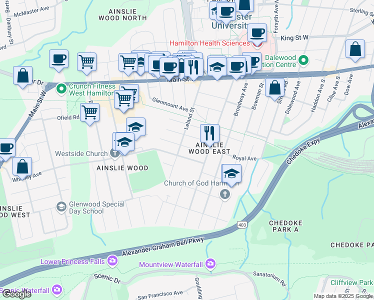 map of restaurants, bars, coffee shops, grocery stores, and more near 43 Holmes Avenue in Hamilton