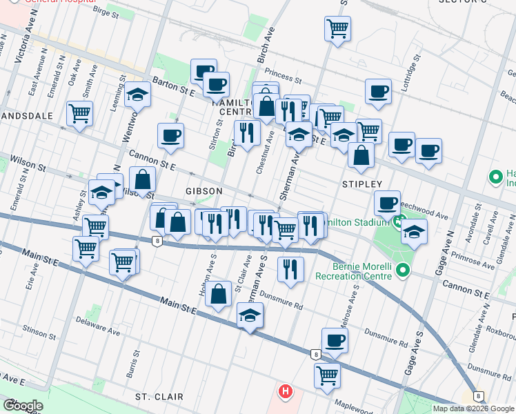 map of restaurants, bars, coffee shops, grocery stores, and more near 13 Fife Street in Hamilton