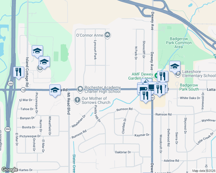 map of restaurants, bars, coffee shops, grocery stores, and more near 1558 Latta Road in Rochester