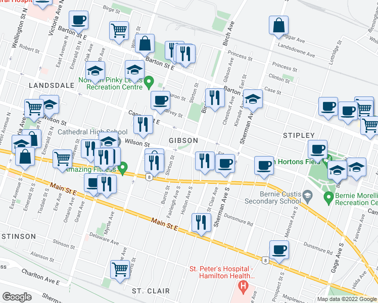 map of restaurants, bars, coffee shops, grocery stores, and more near 643 Wilson Street in Hamilton