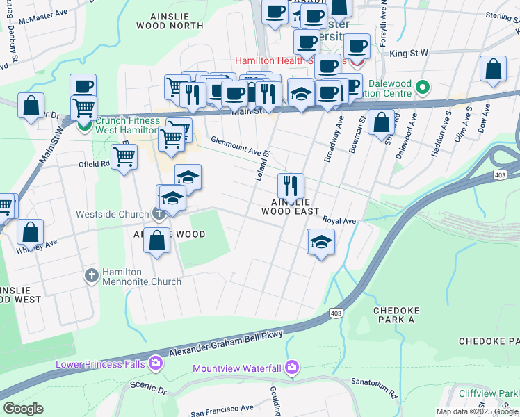 map of restaurants, bars, coffee shops, grocery stores, and more near 43 Holmes Avenue in Hamilton