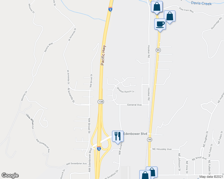 map of restaurants, bars, coffee shops, grocery stores, and more near 634 Shadow Ranch Lane in Roseburg