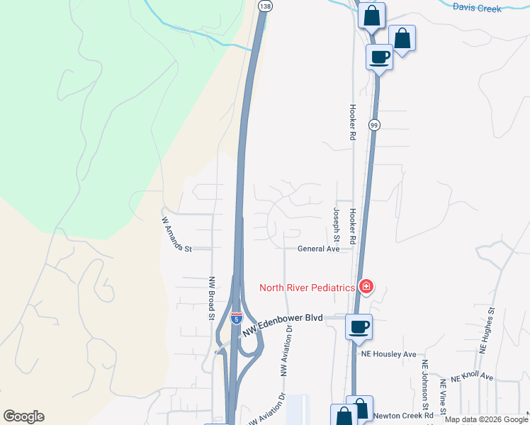 map of restaurants, bars, coffee shops, grocery stores, and more near 602 Shadow Ranch Lane in Roseburg
