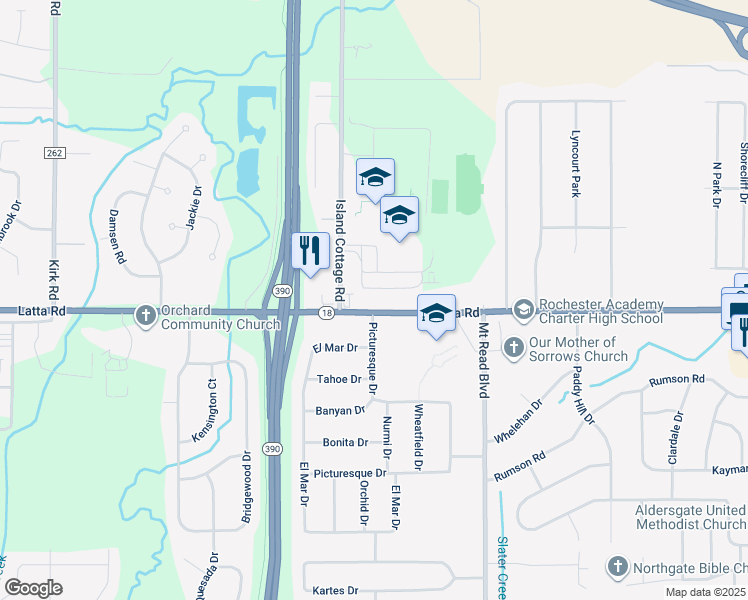 map of restaurants, bars, coffee shops, grocery stores, and more near Greece Arcadia Middle in Rochester