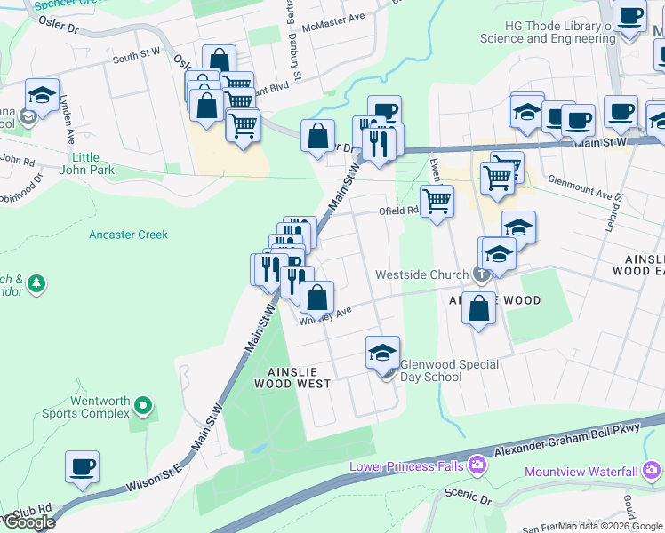 map of restaurants, bars, coffee shops, grocery stores, and more near 9 Sheridan Lane in Hamilton