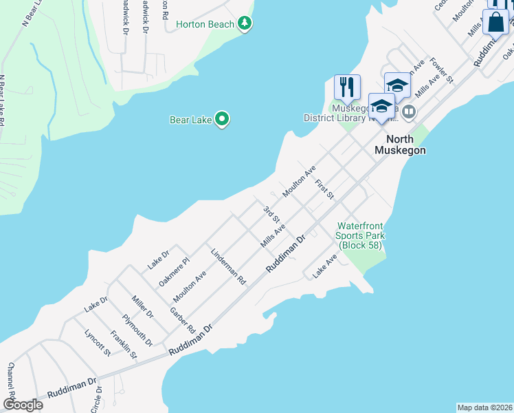 map of restaurants, bars, coffee shops, grocery stores, and more near 922 Oakmere Place in Muskegon