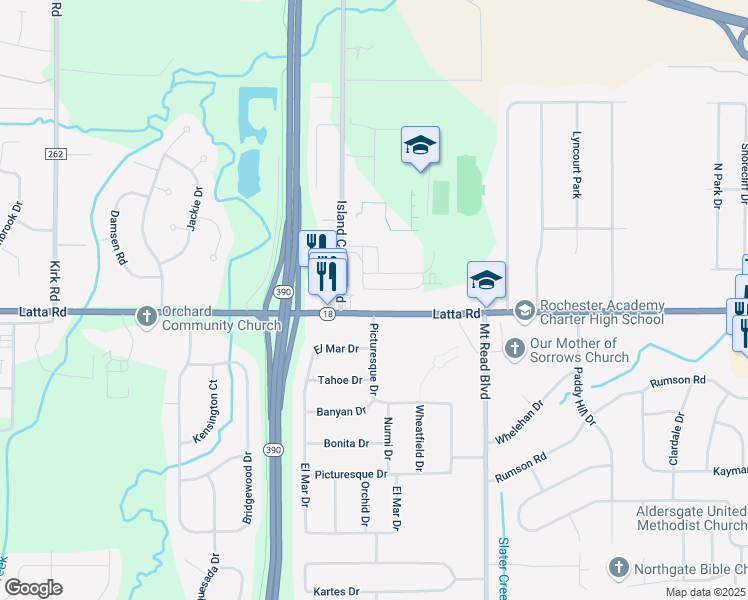 map of restaurants, bars, coffee shops, grocery stores, and more near Greece Arcadia Middle in Rochester