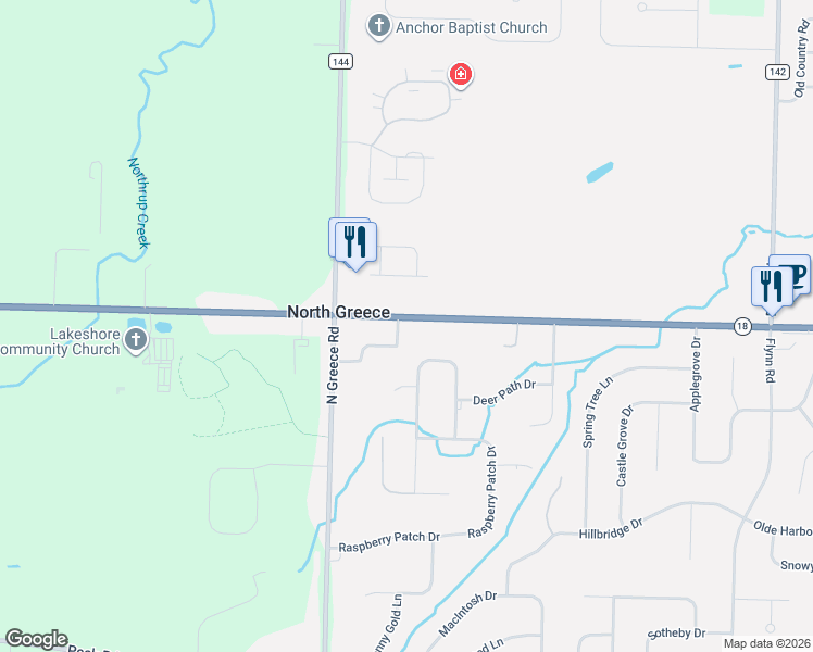 map of restaurants, bars, coffee shops, grocery stores, and more near 3530 Latta Road in Rochester