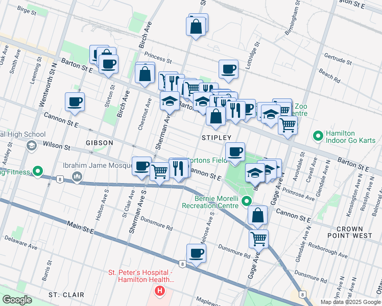 map of restaurants, bars, coffee shops, grocery stores, and more near 55 Rosemont Avenue in Hamilton