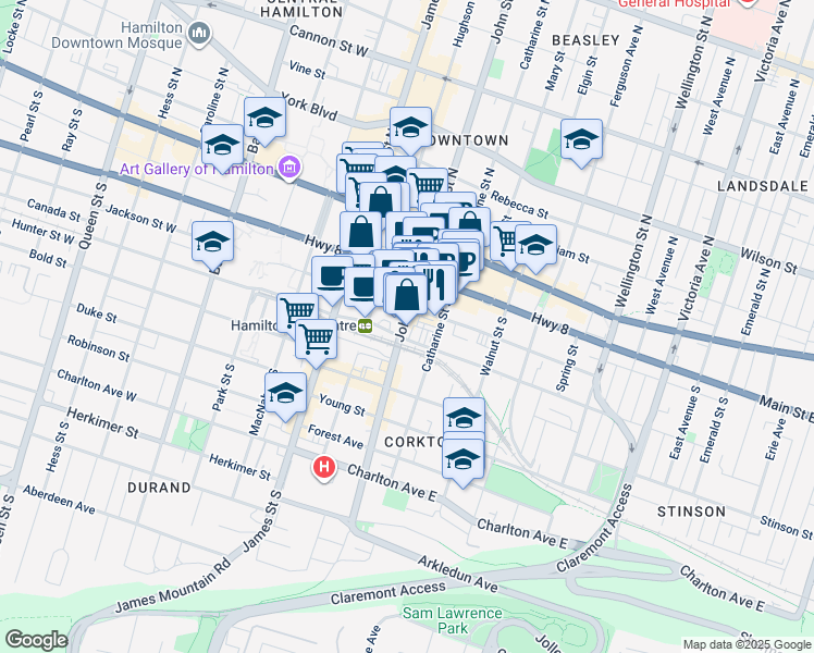 map of restaurants, bars, coffee shops, grocery stores, and more near in Hamilton