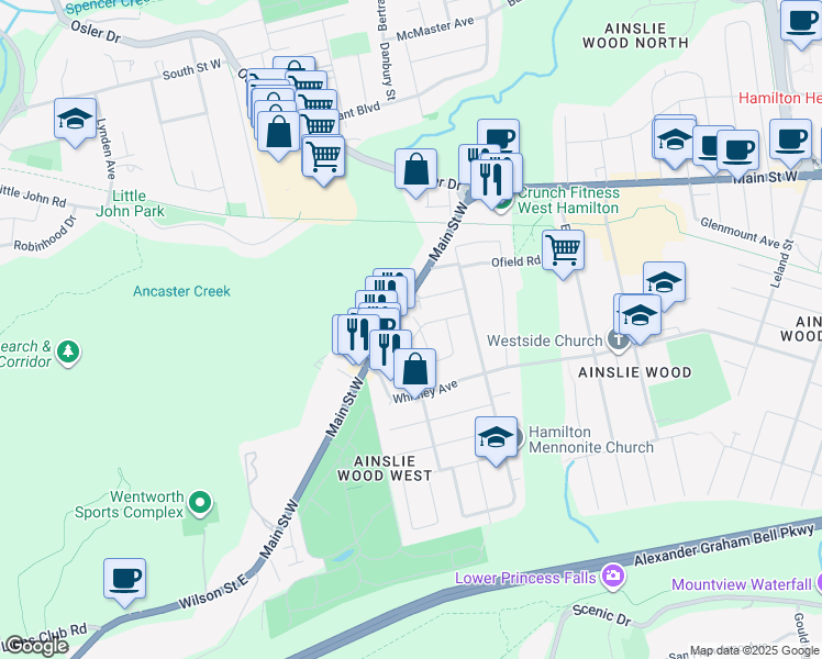 map of restaurants, bars, coffee shops, grocery stores, and more near in Hamilton