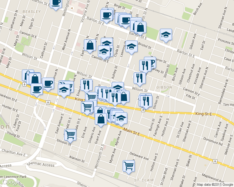 map of restaurants, bars, coffee shops, grocery stores, and more near 507 Wilson Street in Hamilton